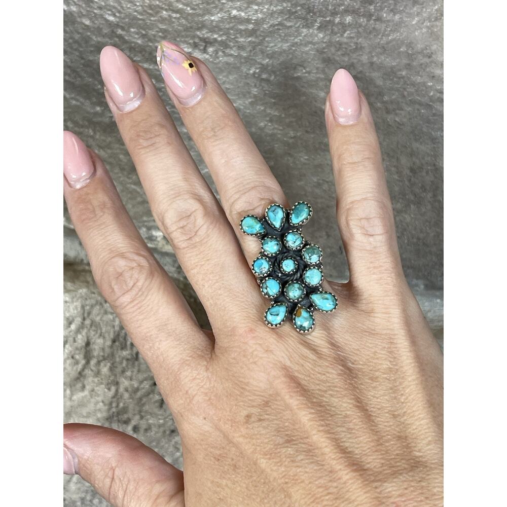 Native Style Southwest Turquoise Cluster Ring Sterling Silver Adjustable Long - Picture 2 of 10